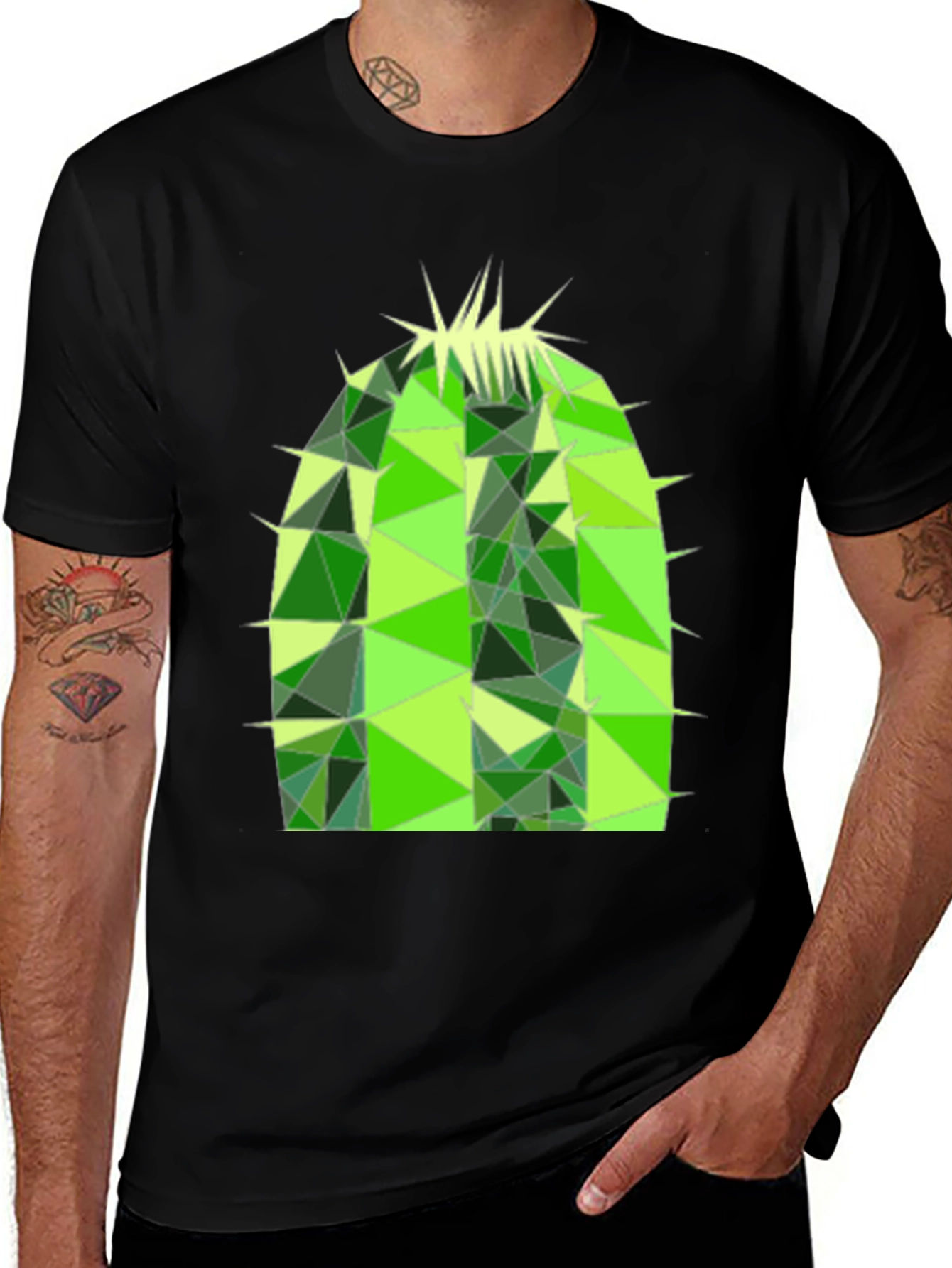Geometric Cactus Print Black T-Shirt
