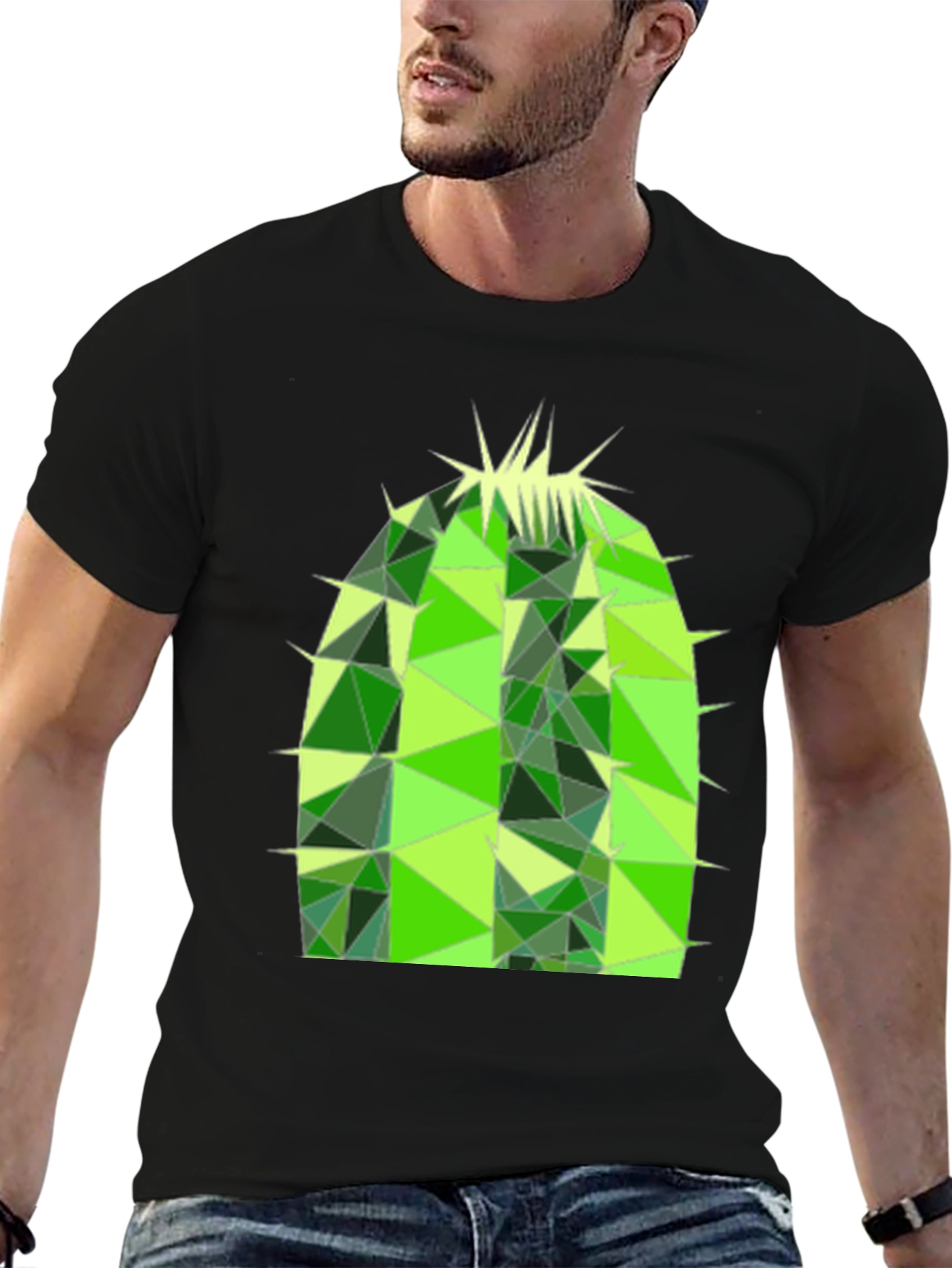 Geometric Cactus Print Black T-Shirt