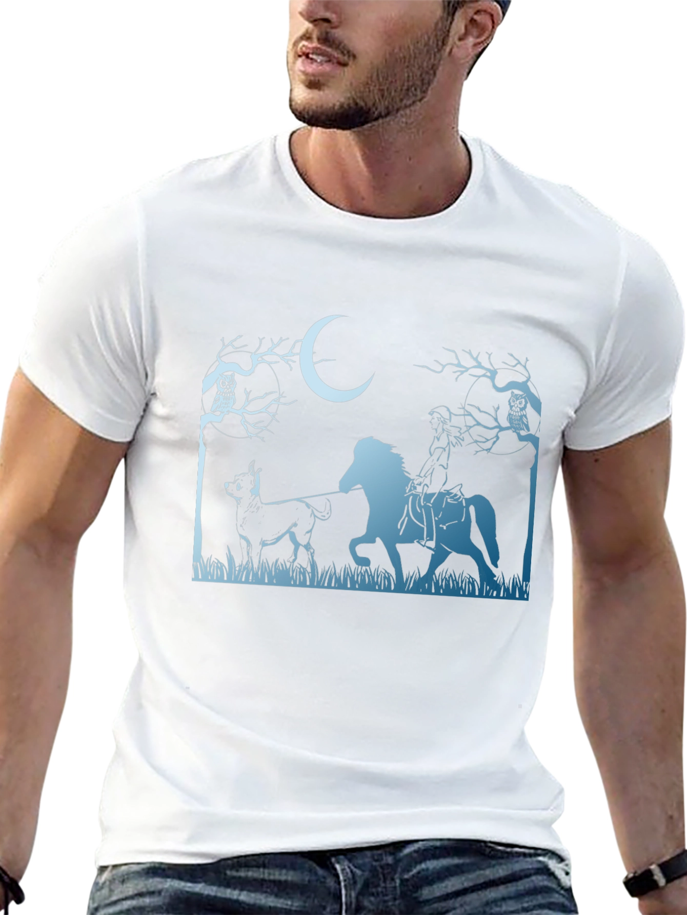 Moonlit Ride T-Shirt: Horse Rider Dog and Owls