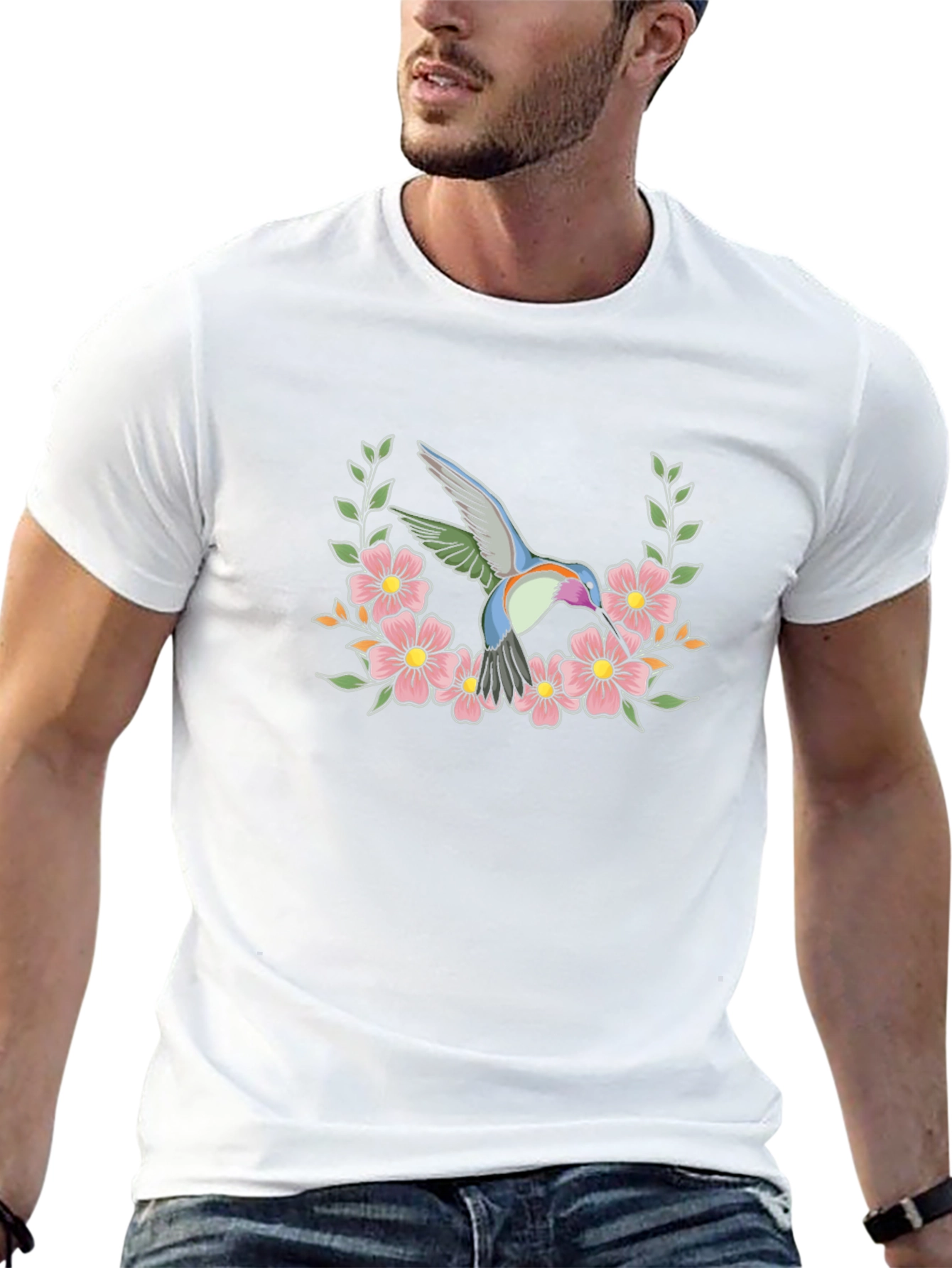 Hummingbird Floral Wreath Graphic Tee - Black