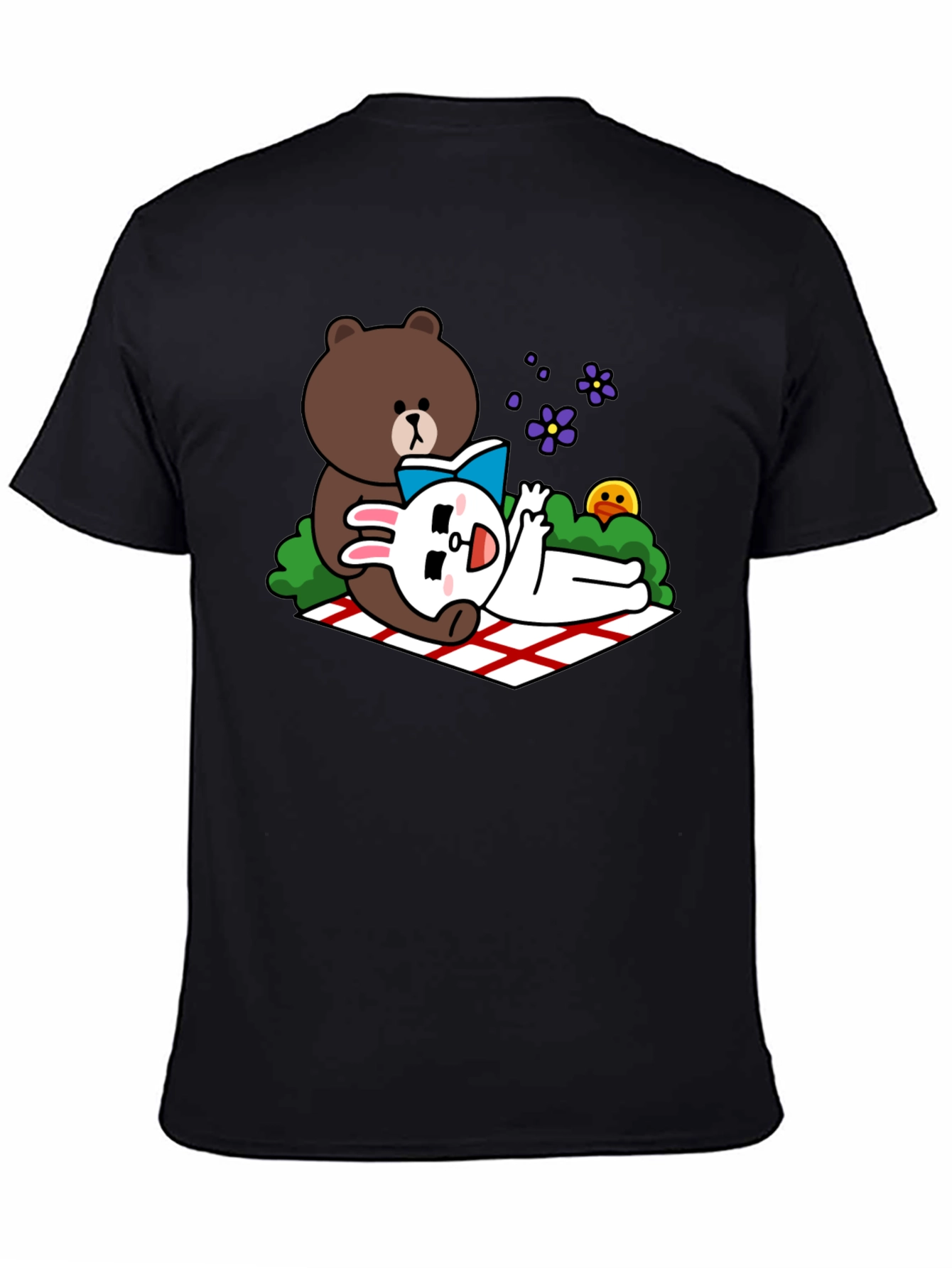 Cute Cartoon Bear & Rabbit T-Shirt - Black