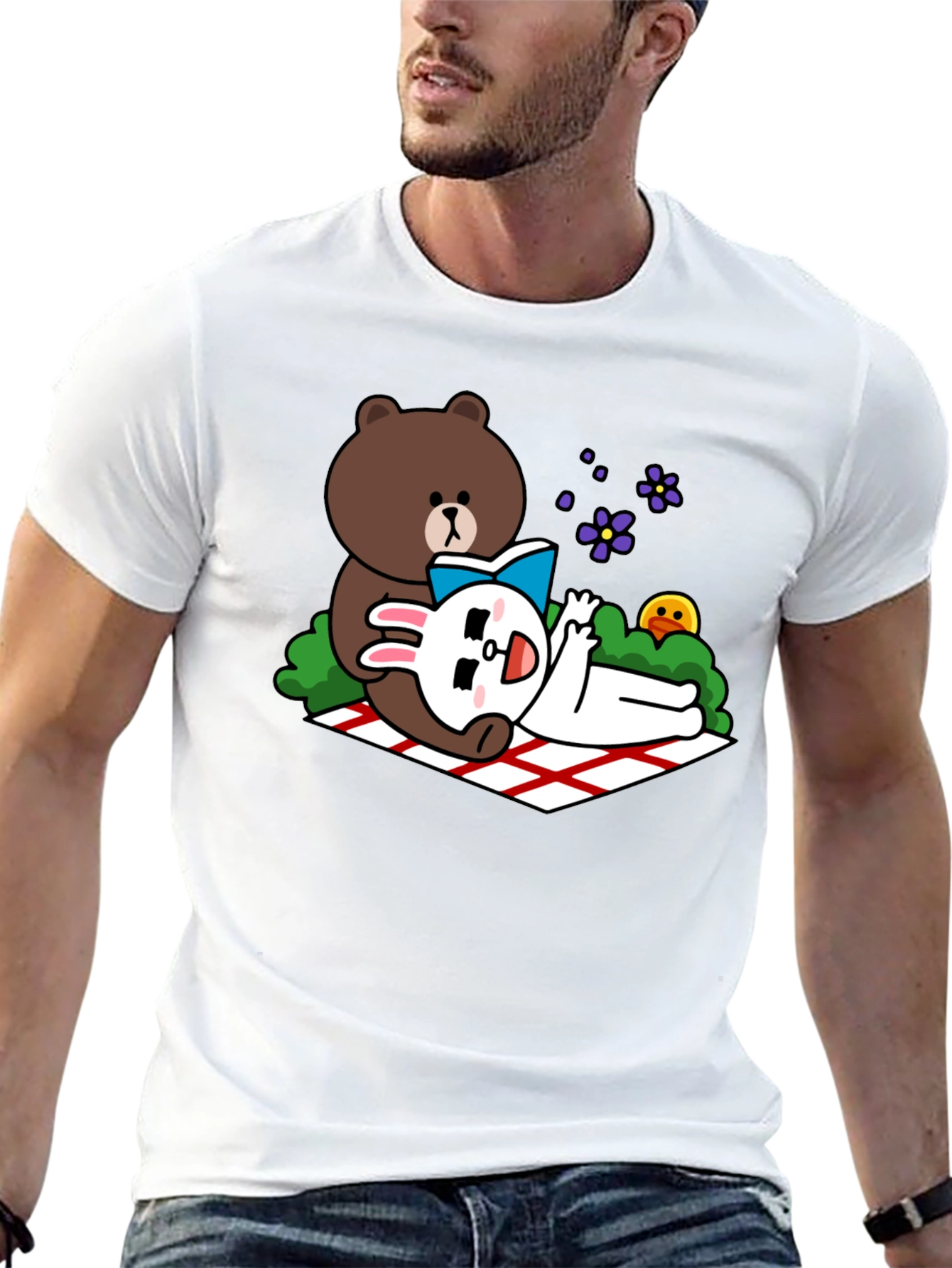Cute Cartoon Bear & Rabbit T-Shirt - Black