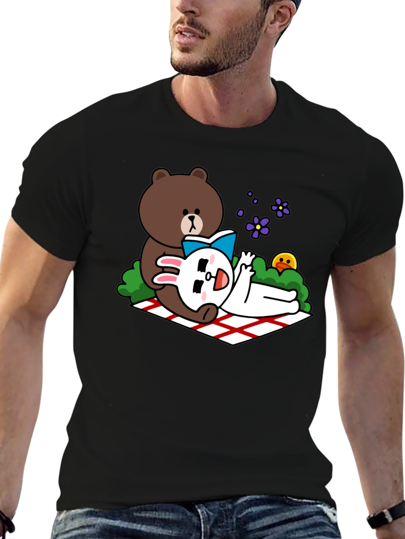 Cute Cartoon Bear & Rabbit T-Shirt - Black