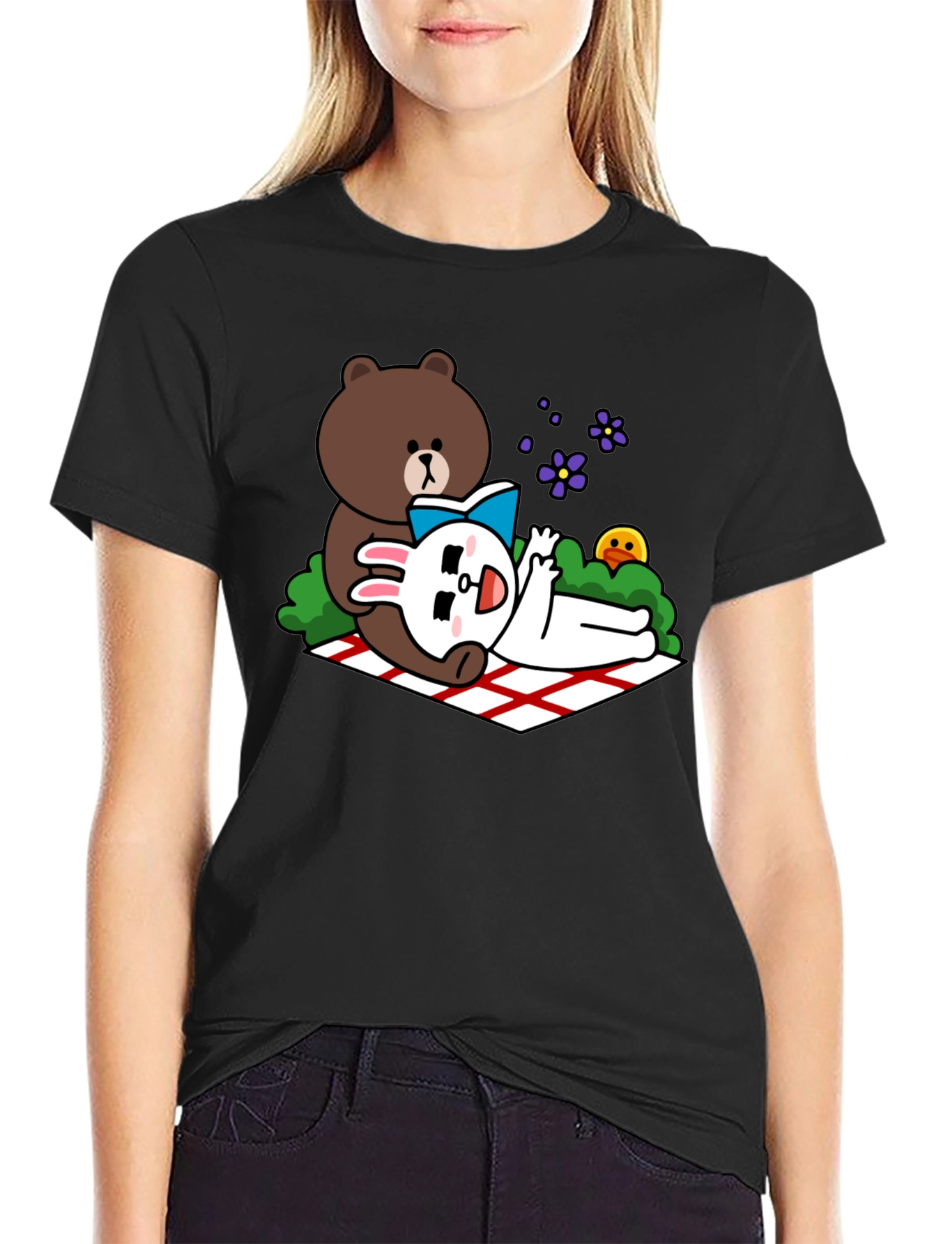 Cute Cartoon Bear & Rabbit T-Shirt - Black