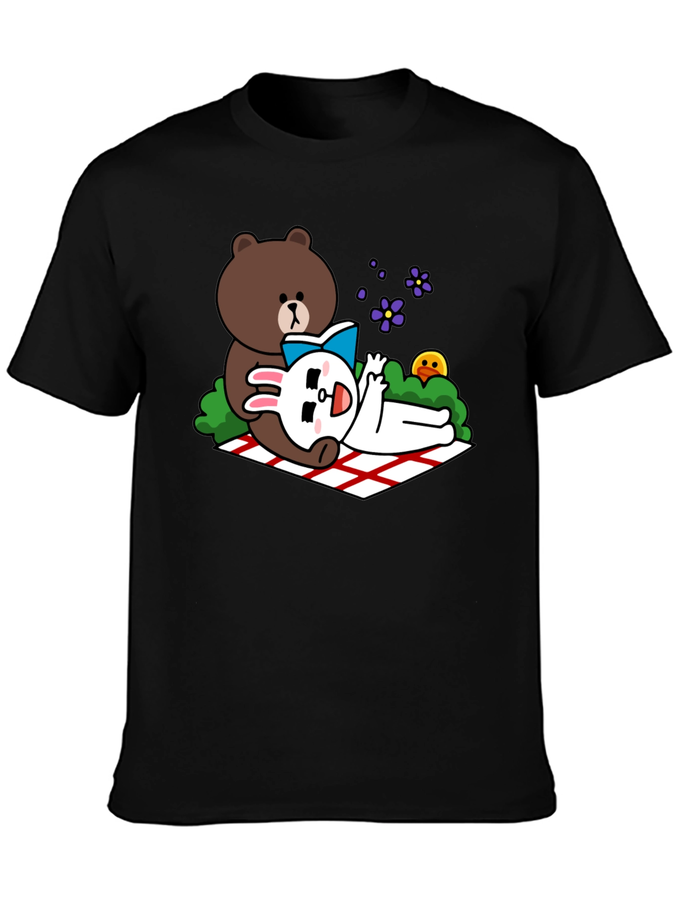 Cute Cartoon Bear & Rabbit T-Shirt - Black