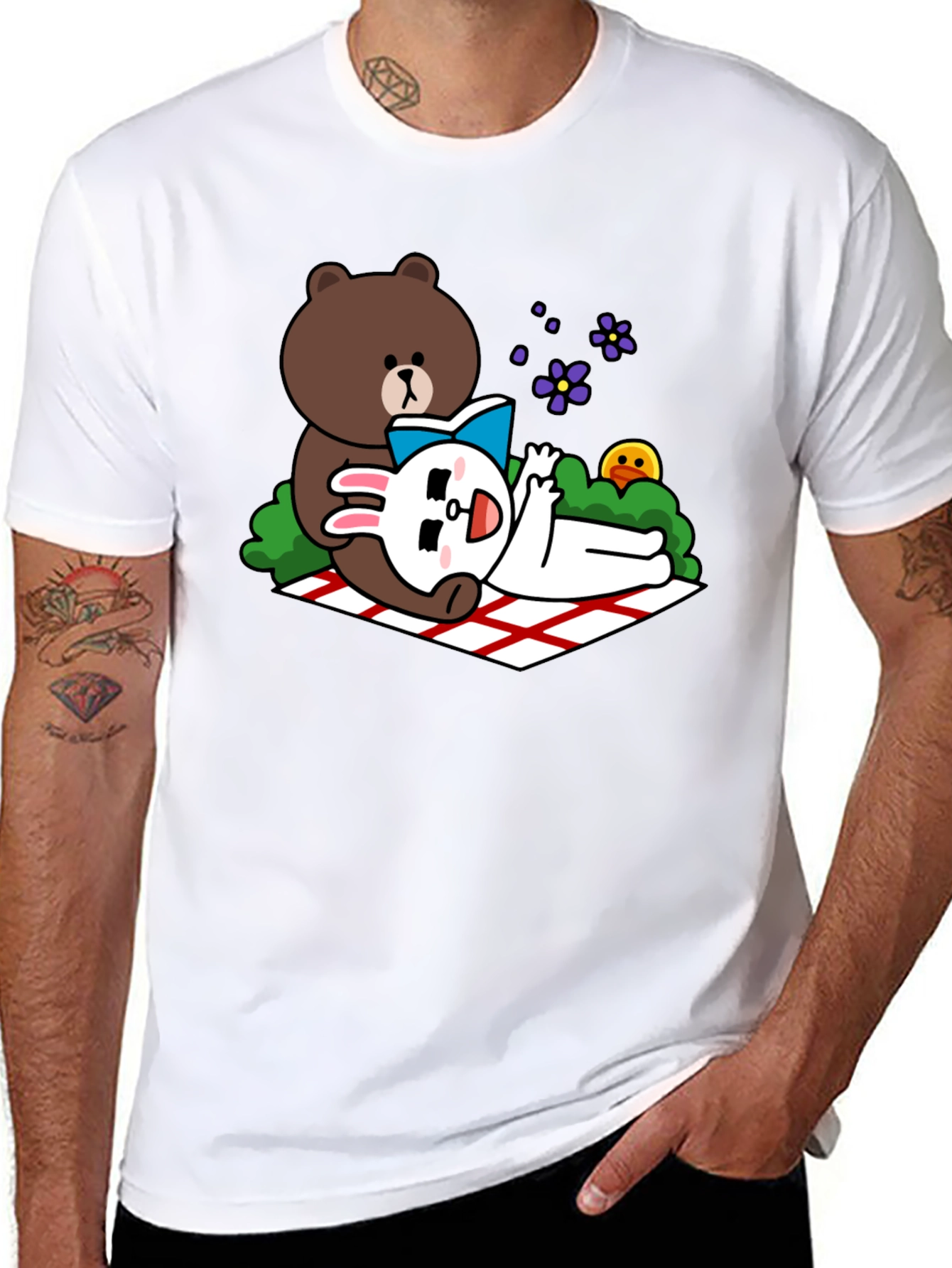 Cute Cartoon Bear & Rabbit T-Shirt - Black