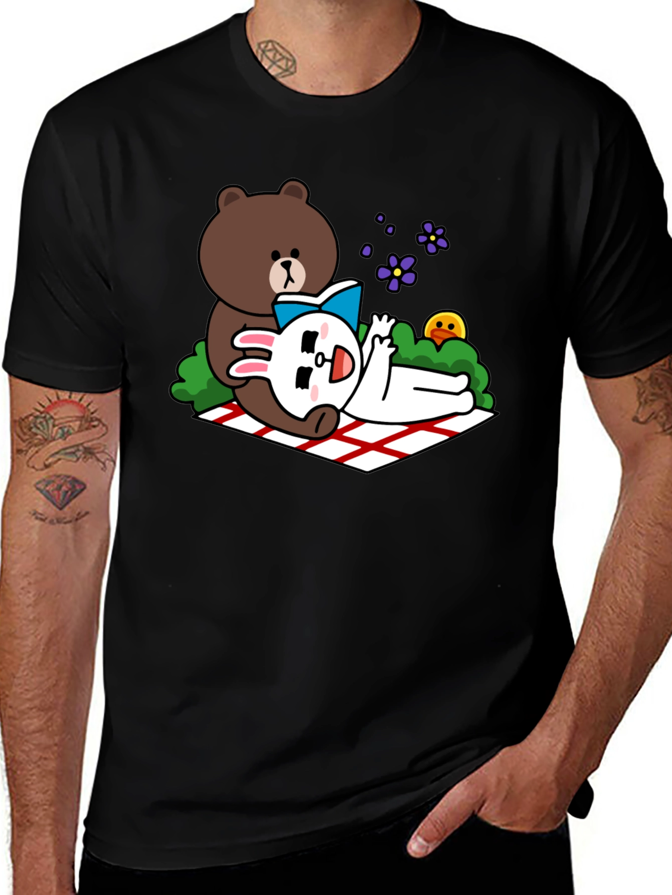 Cute Cartoon Bear & Rabbit T-Shirt - Black