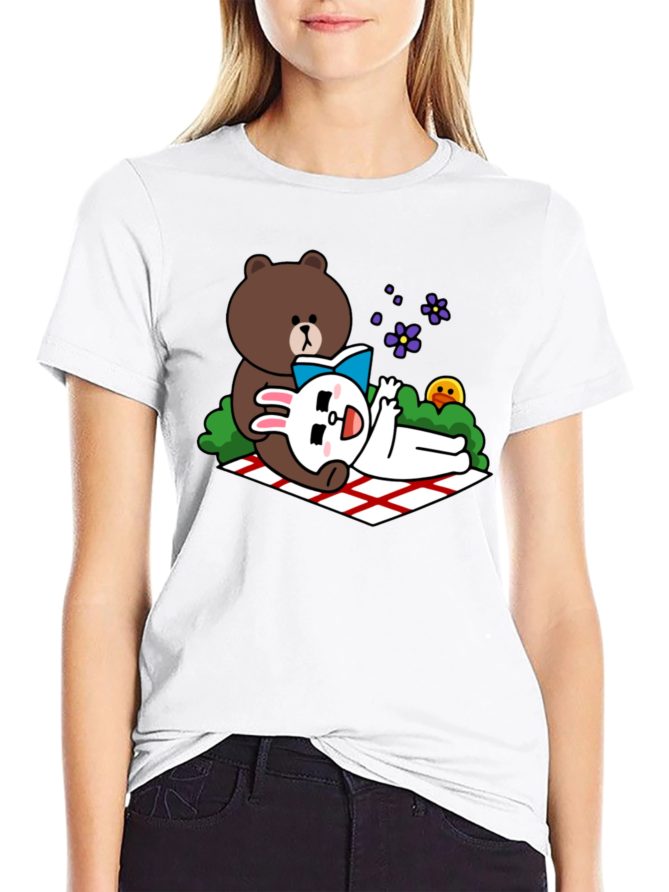 Cute Cartoon Bear & Rabbit T-Shirt - Black