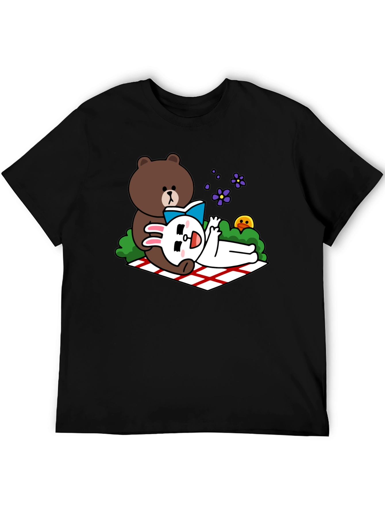 Cute Cartoon Bear & Rabbit T-Shirt - Black