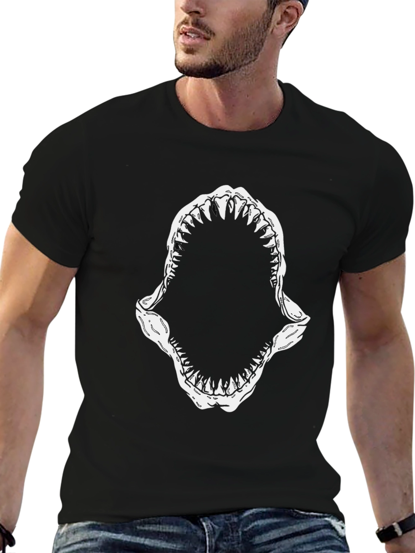 Shark Mouth Graphic Tee - Black Cotton T-Shirt
