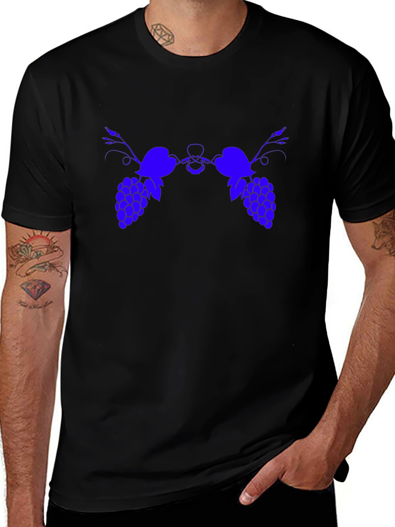 Blue Grape Graphic Print Black T-Shirt