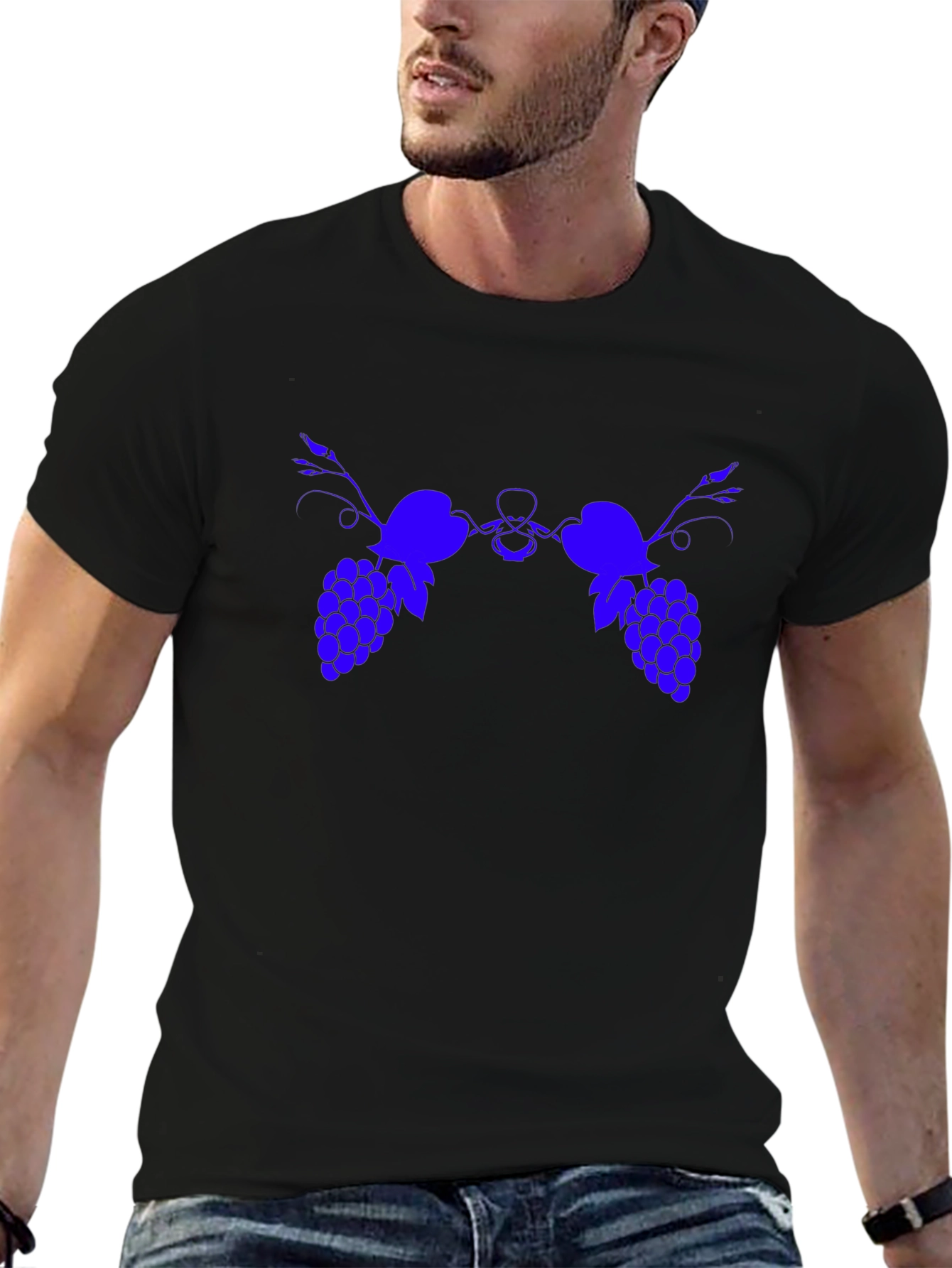 Blue Grape Graphic Print Black T-Shirt
