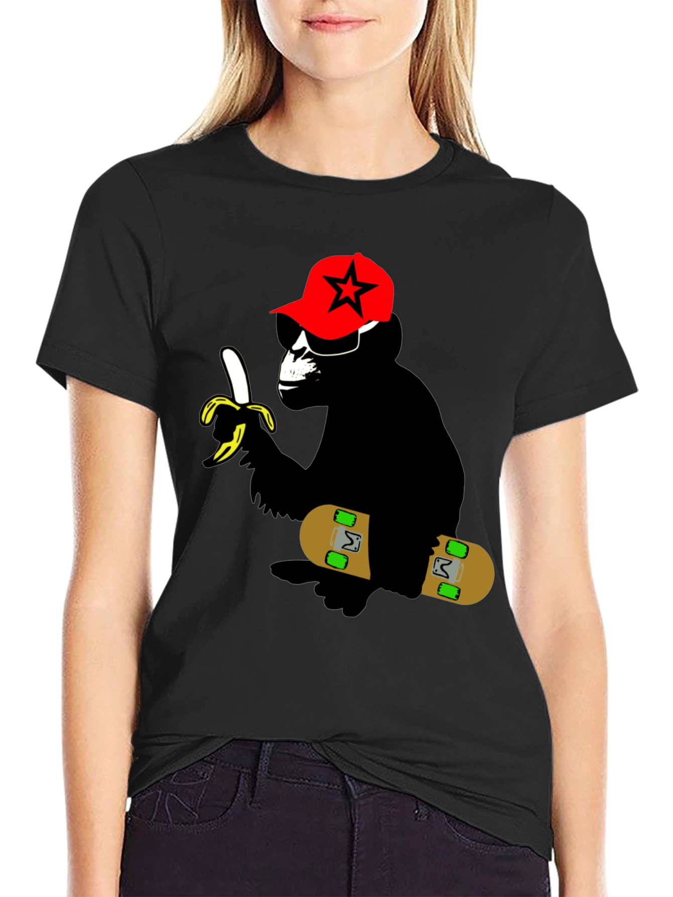 Cool Monkey Skateboarder Graphic Tee - Black
