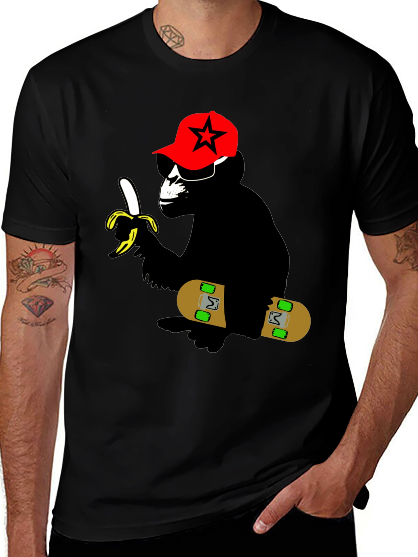 Cool Monkey Skateboarder Graphic Tee - Black