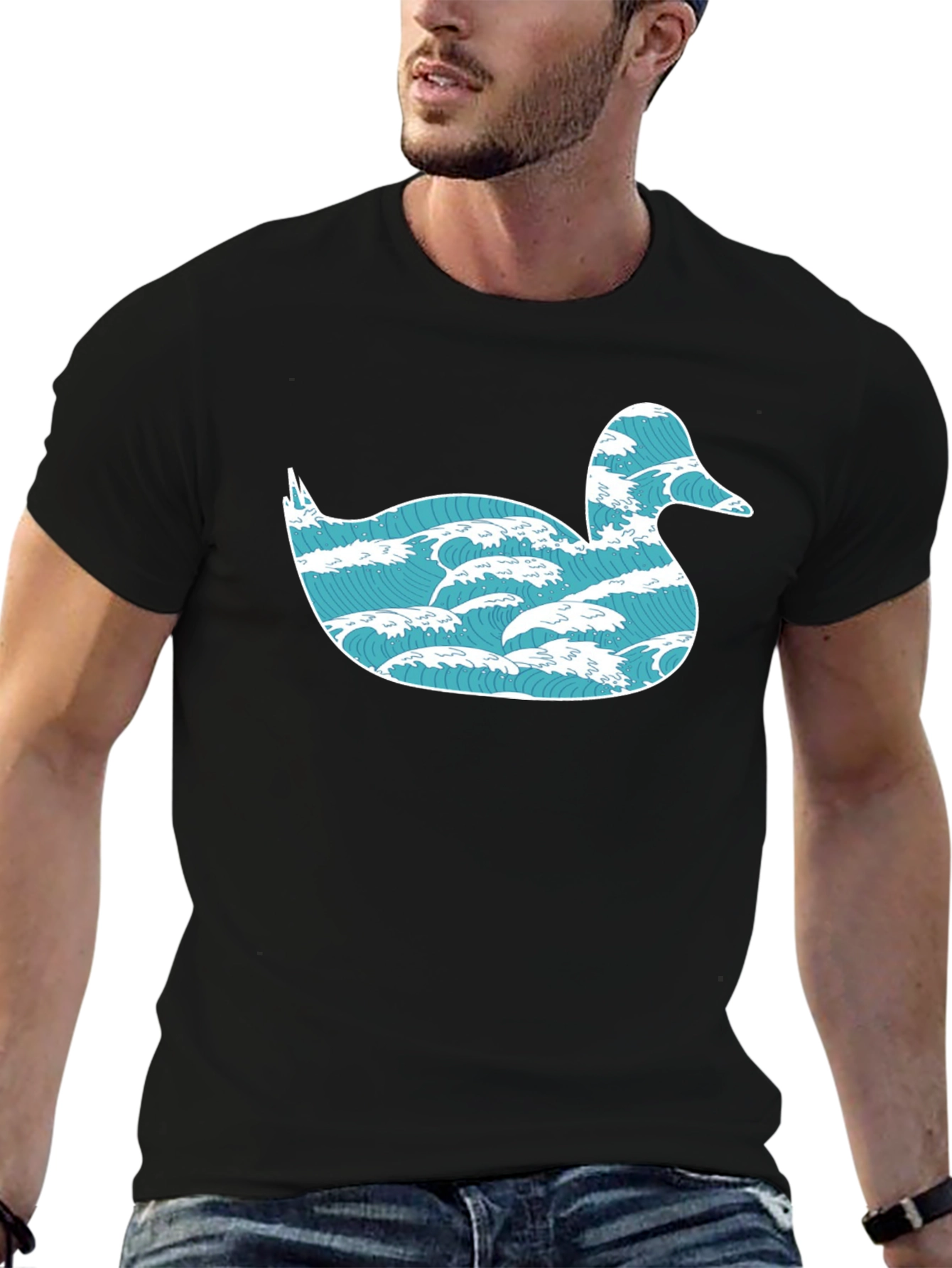 Wave Duck Graphic Tee - Unique Design Black Cotton