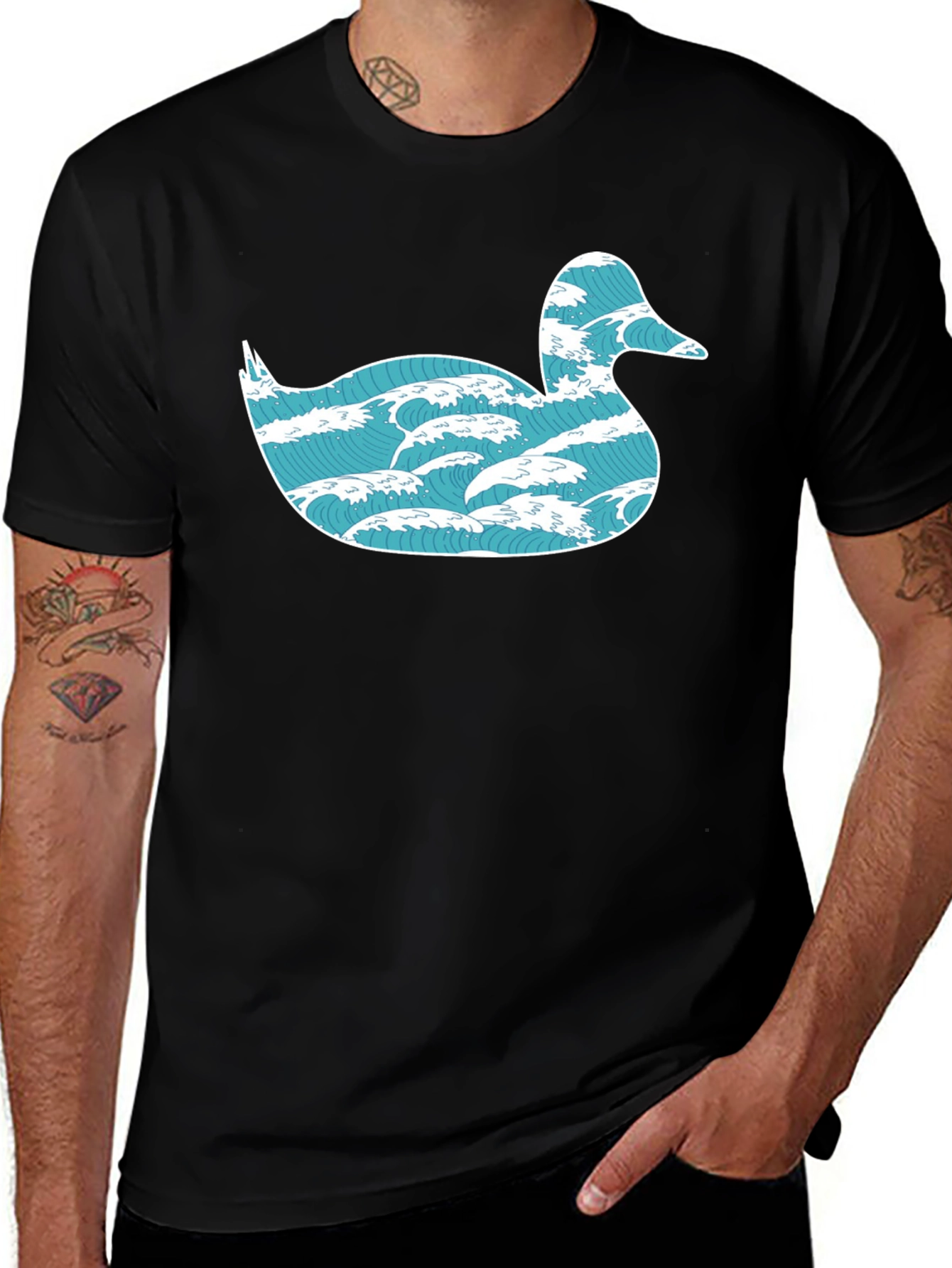 Wave Duck Graphic Tee - Unique Design Black Cotton