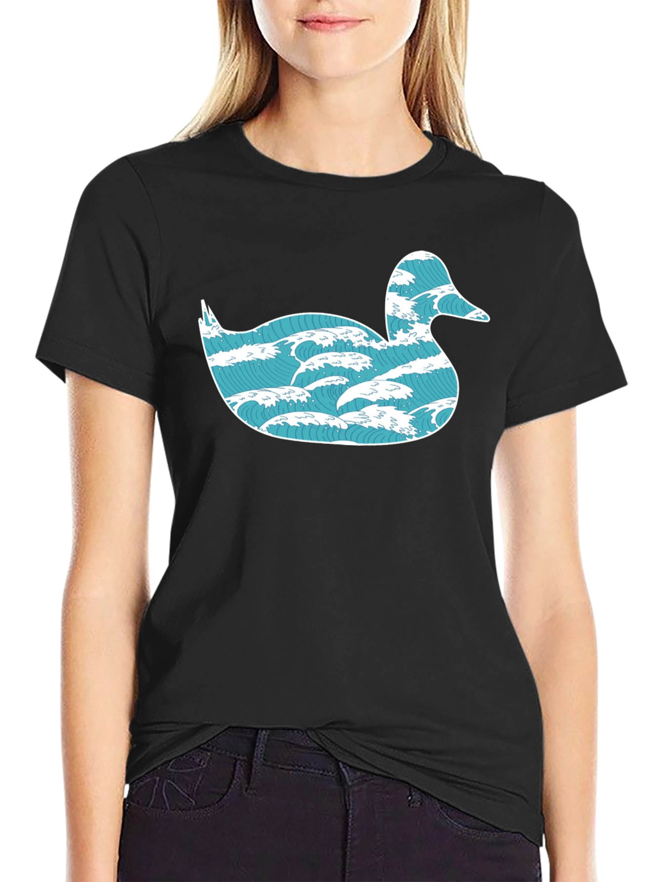 Wave Duck Graphic Tee - Unique Design Black Cotton
