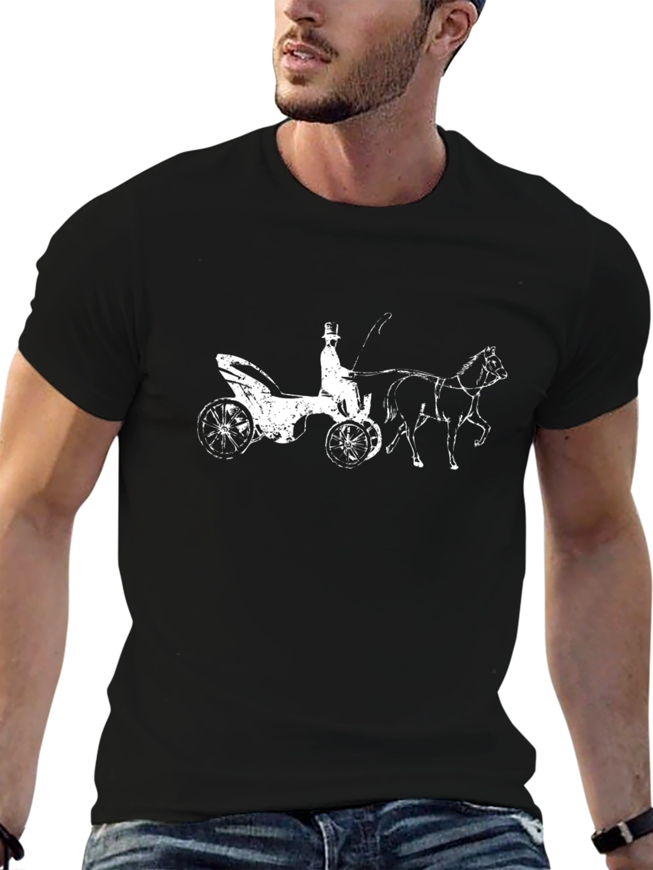Black T-Shirt with Horse Drawn Carriage Print