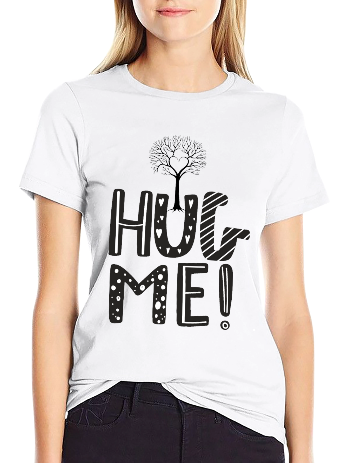Hug Me Black Graphic Tee - Tree Heart Design