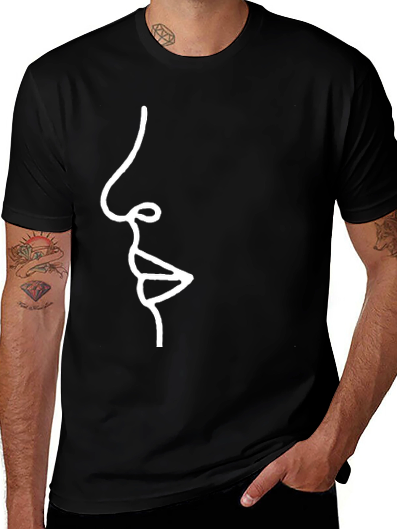 Abstract Face Line Art Black T-Shirt