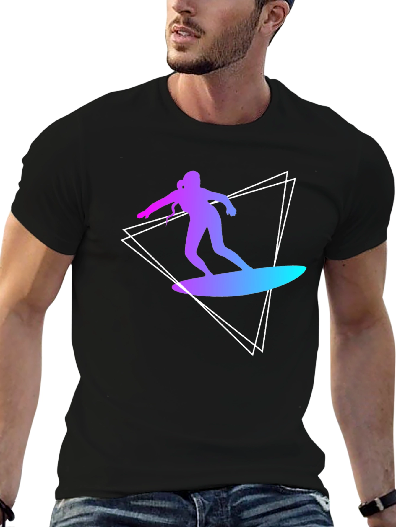 Surfing Silhouette Graphic Tee - Stylish Black T-Shirt
