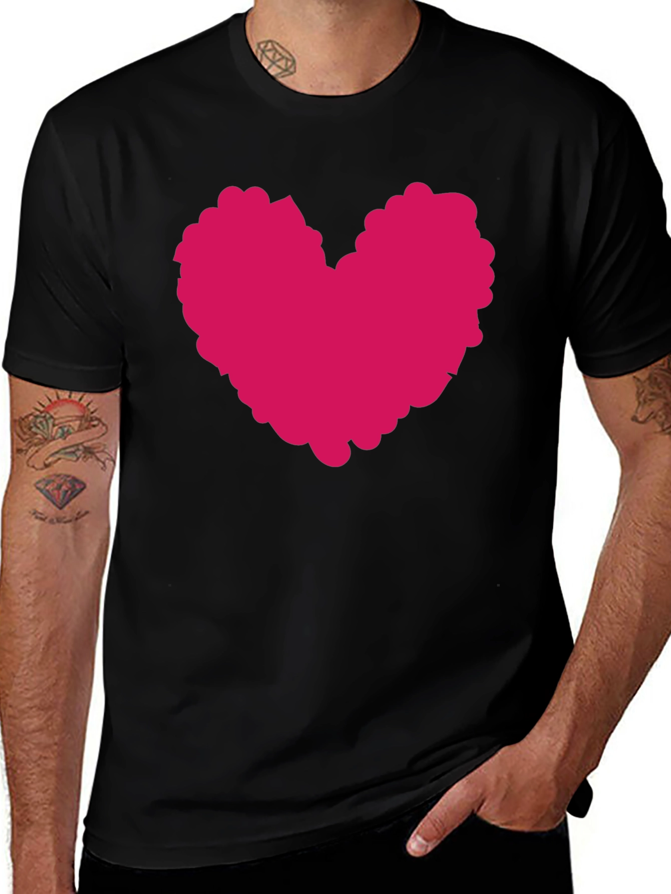 Black T-Shirt with Pink Heart Graphic Print