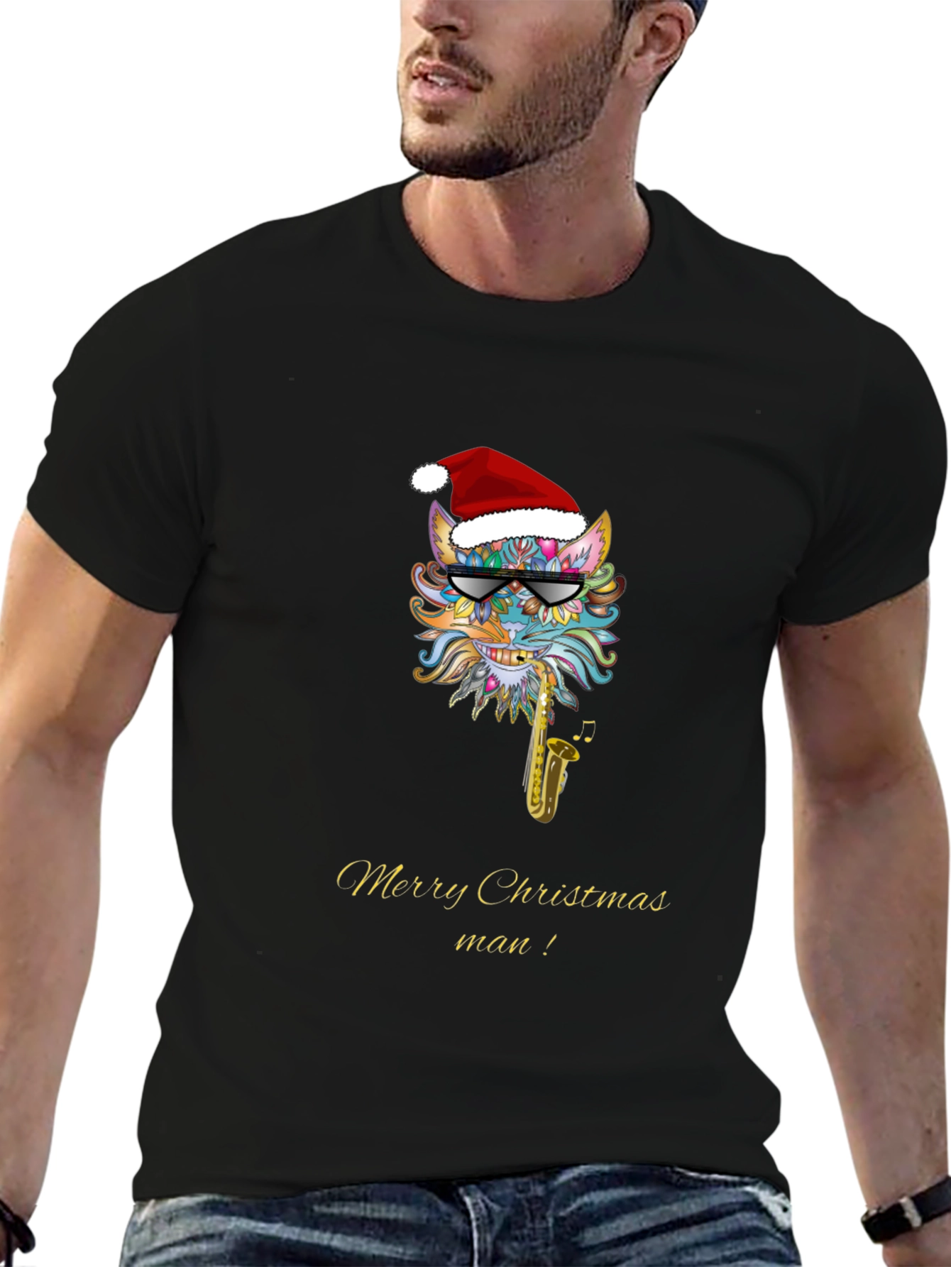 Festive Christmas Cat Saxophone T-Shirt
