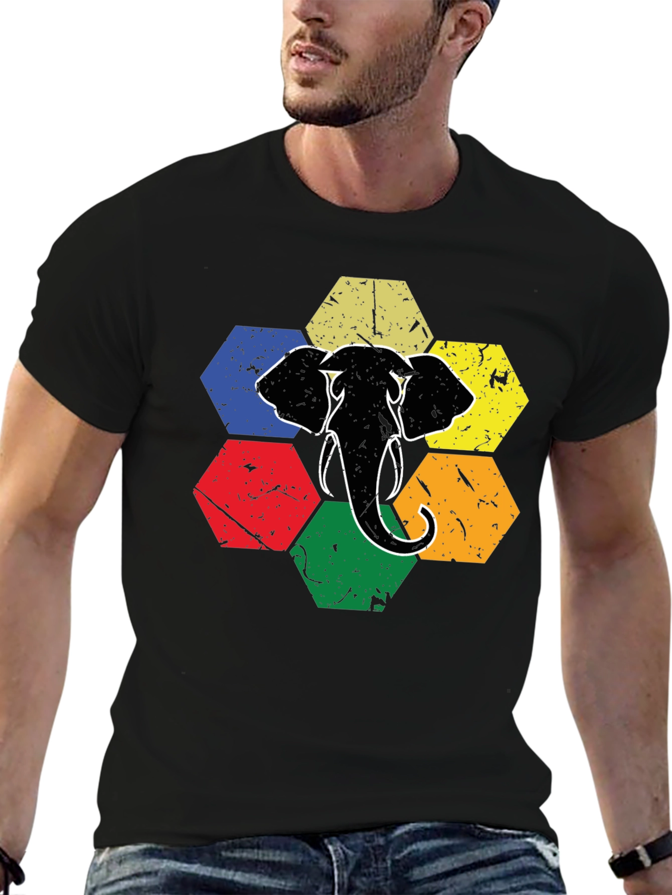 Retro Elephant Hexagon Graphic T-Shirt