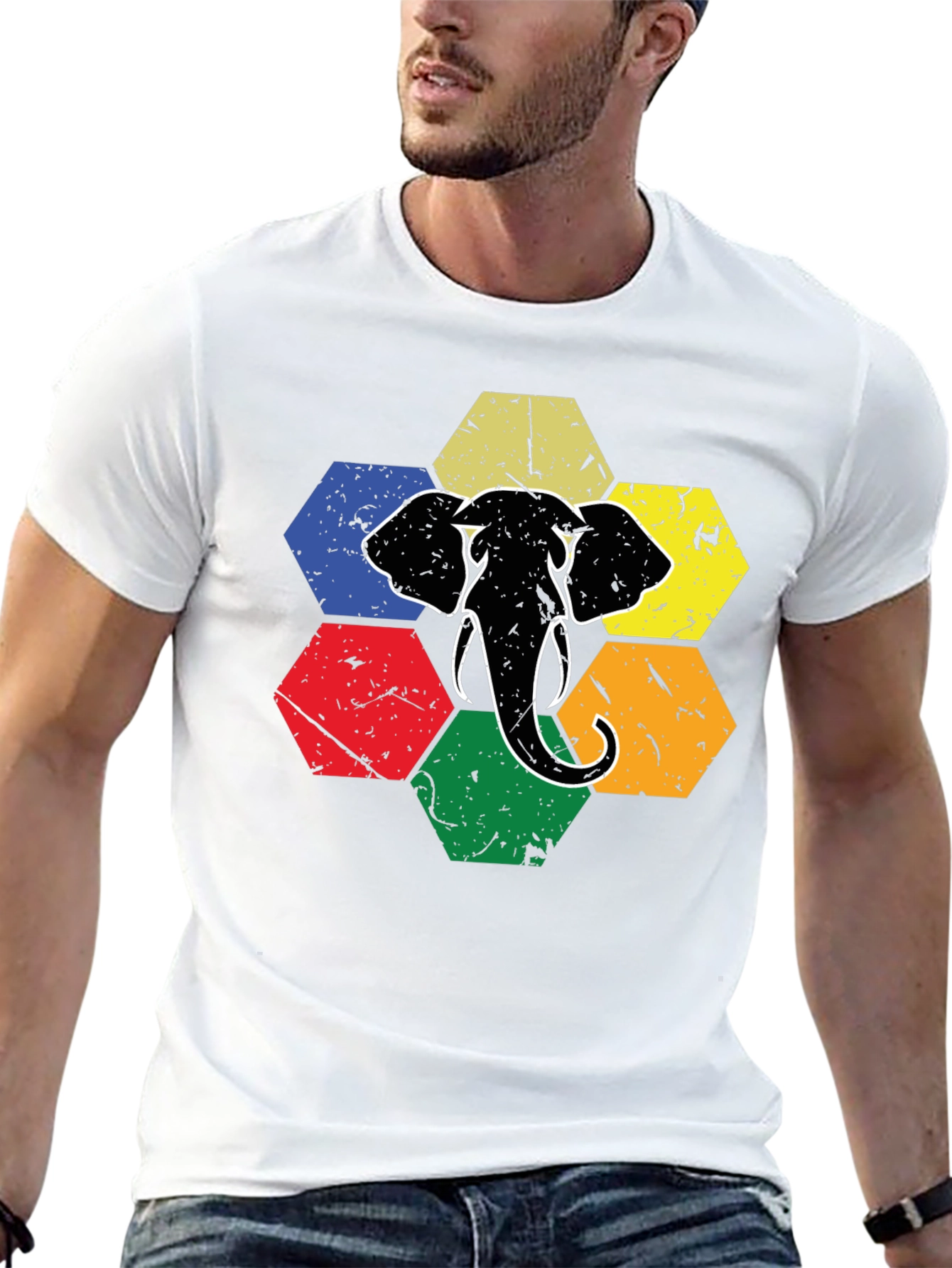 Retro Elephant Hexagon Graphic T-Shirt