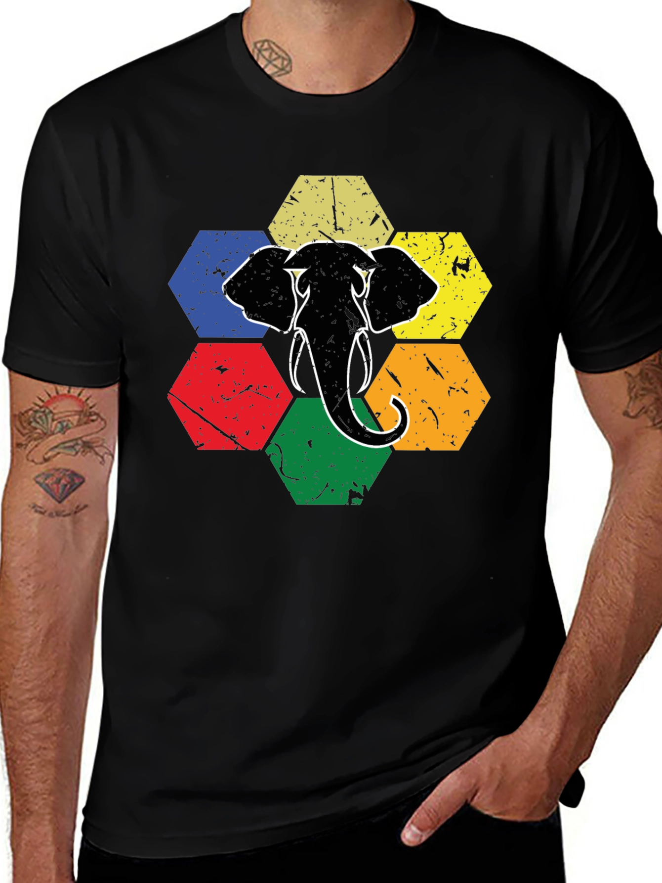Retro Elephant Hexagon Graphic T-Shirt