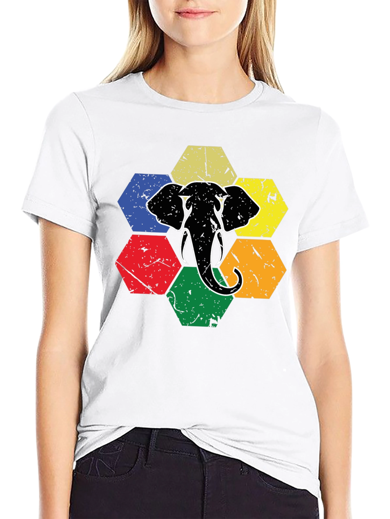 Retro Elephant Hexagon Graphic T-Shirt