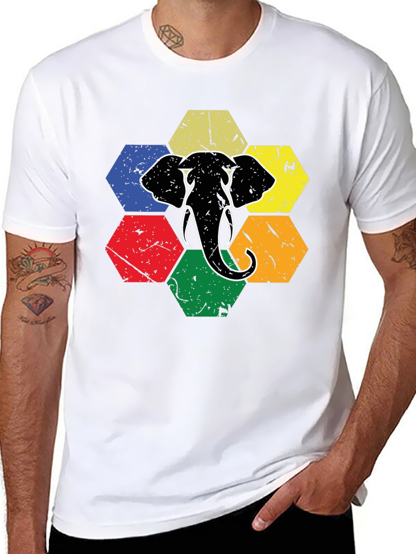 Retro Elephant Hexagon Graphic T-Shirt