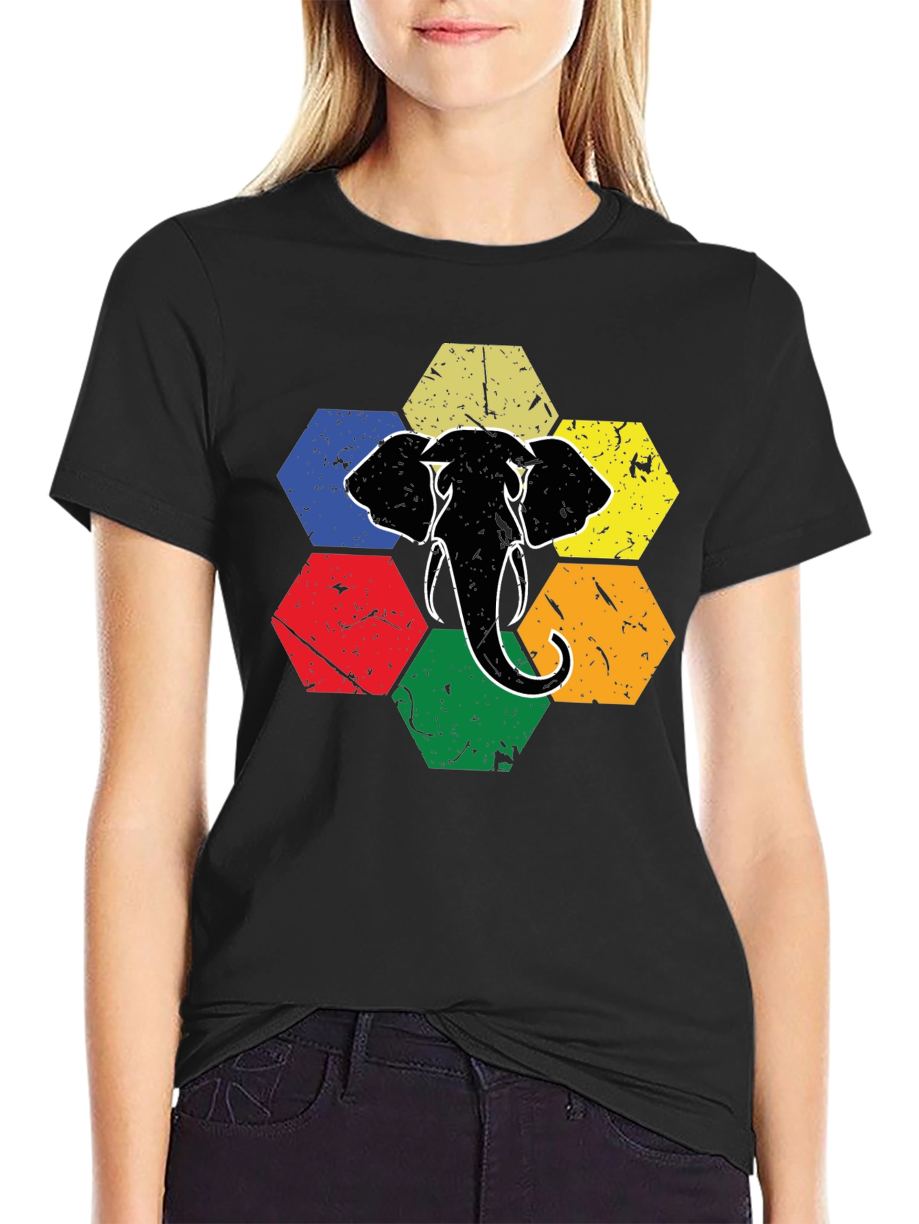 Retro Elephant Hexagon Graphic T-Shirt