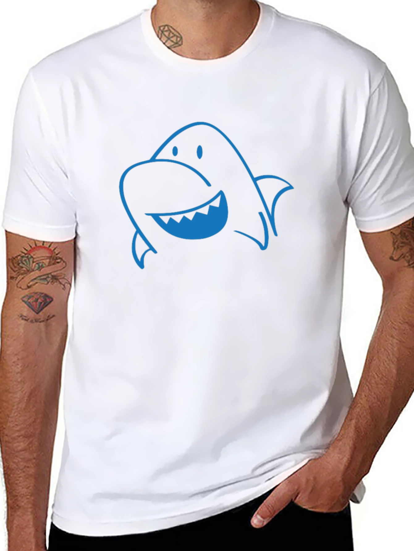 Fun Blue Shark Graphic Print Black T-Shirt