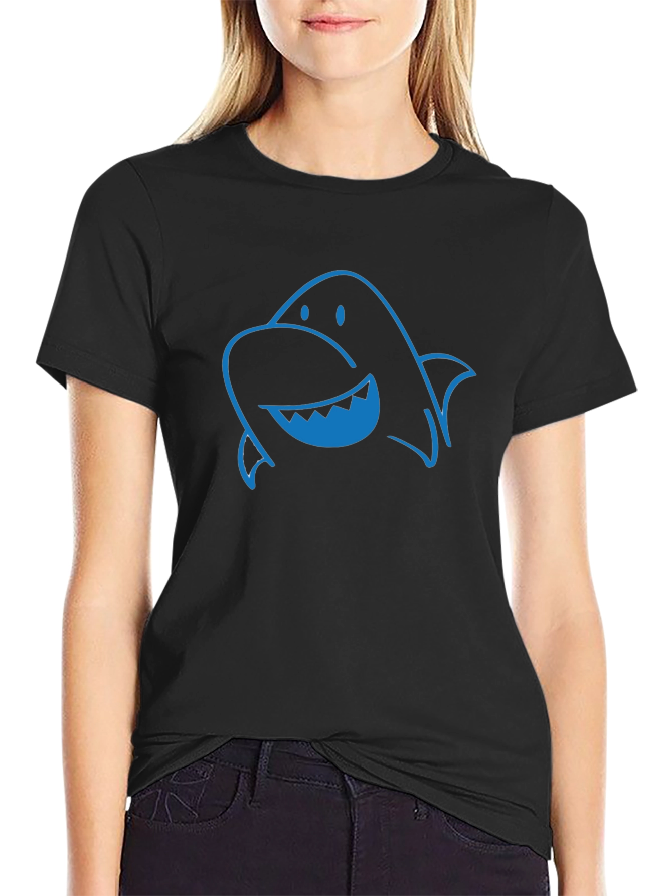 Fun Blue Shark Graphic Print Black T-Shirt