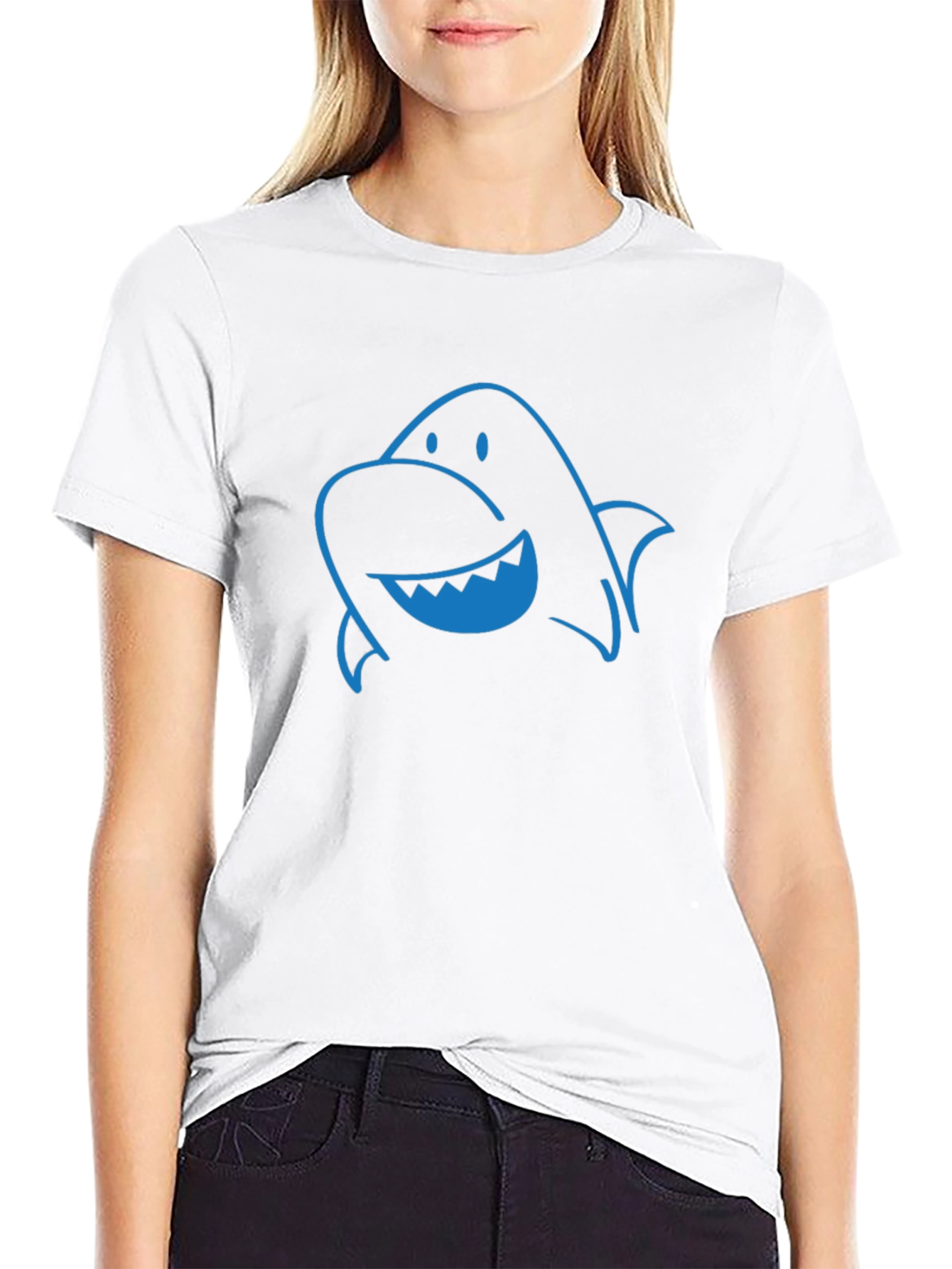 Fun Blue Shark Graphic Print Black T-Shirt
