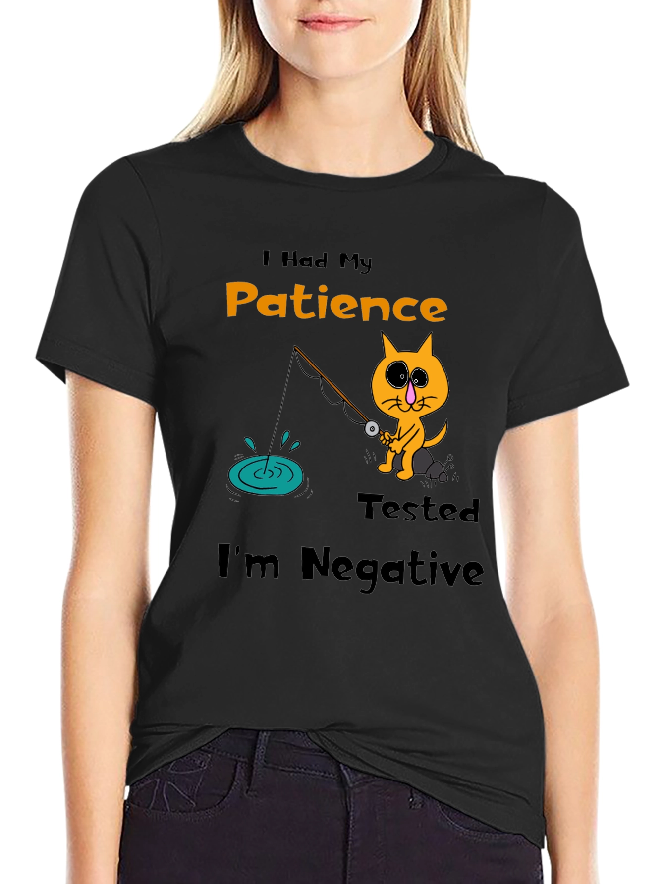Humorous Cat Fishing T-Shirt - Patience Tested Negative