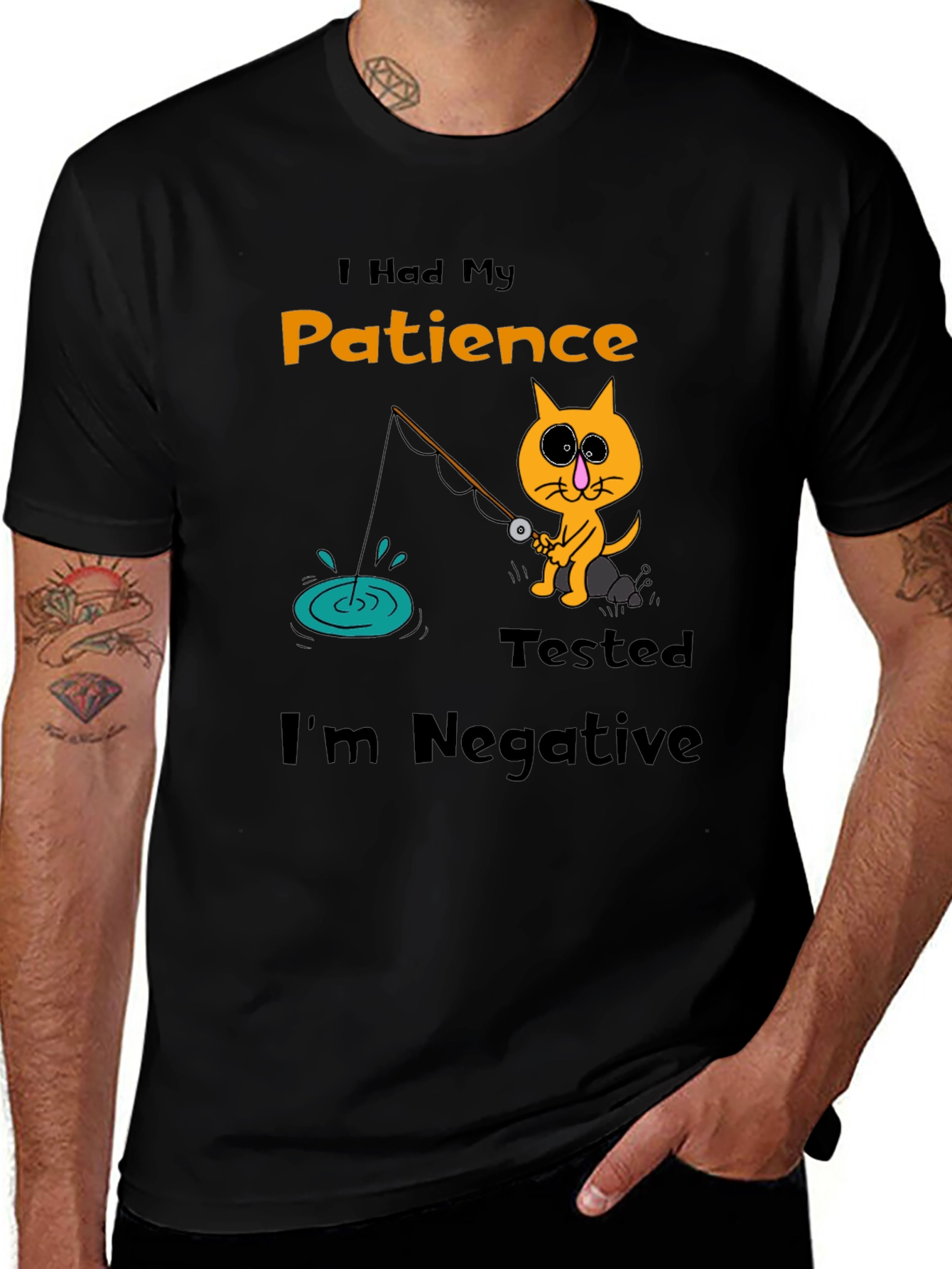 Humorous Cat Fishing T-Shirt - Patience Tested Negative