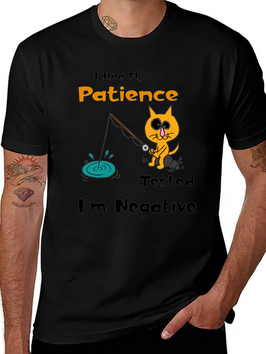 Humorous Cat Fishing T-Shirt - Patience Tested Negative