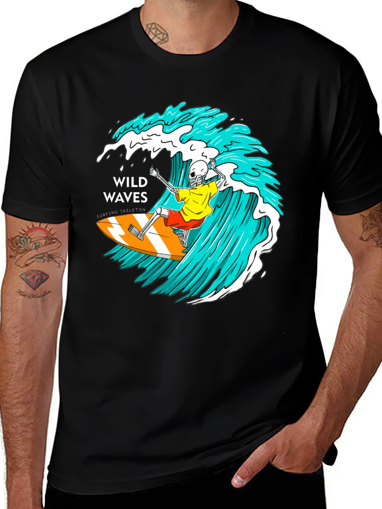 Wild Waves Surfing Skeleton Graphic T-Shirt
