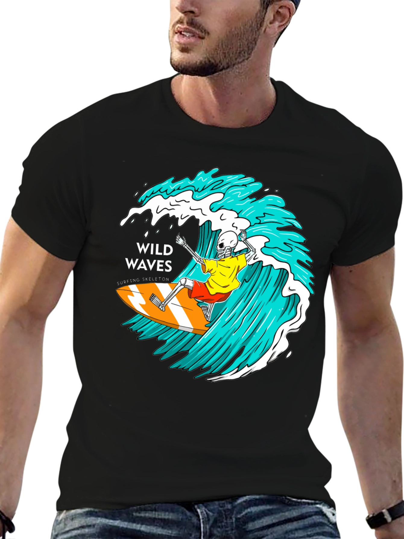 Wild Waves Surfing Skeleton Graphic T-Shirt