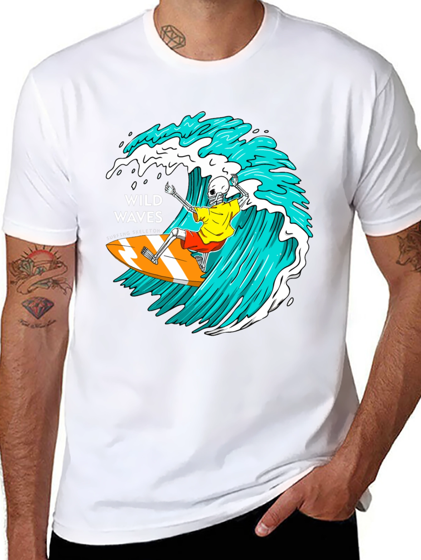 Wild Waves Surfing Skeleton Graphic T-Shirt