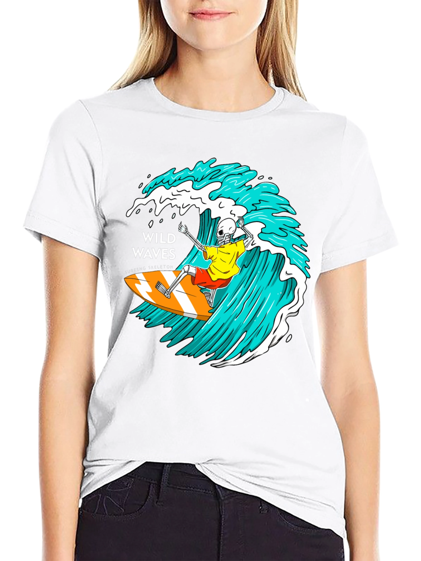 Wild Waves Surfing Skeleton Graphic T-Shirt