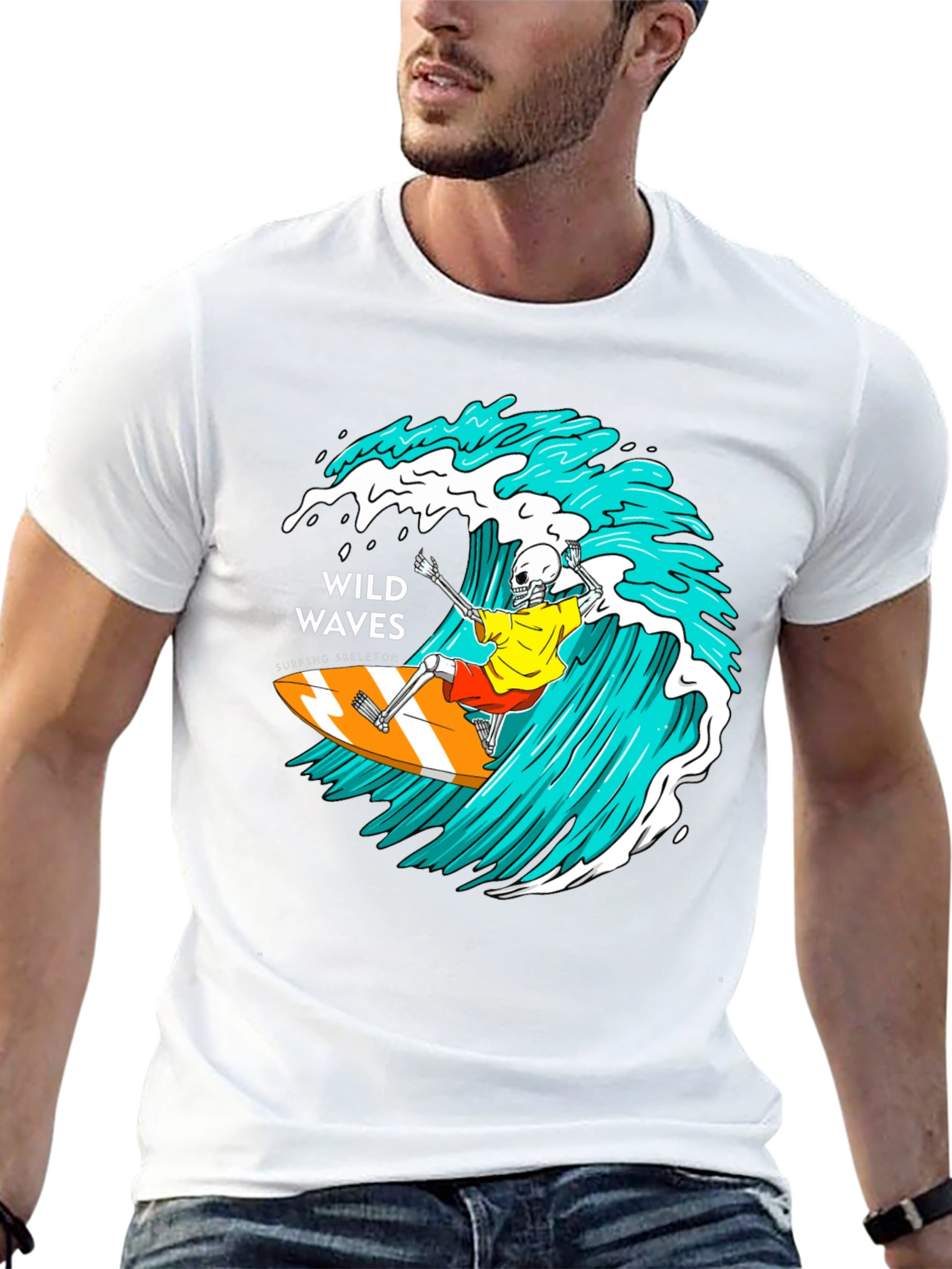 Wild Waves Surfing Skeleton Graphic T-Shirt