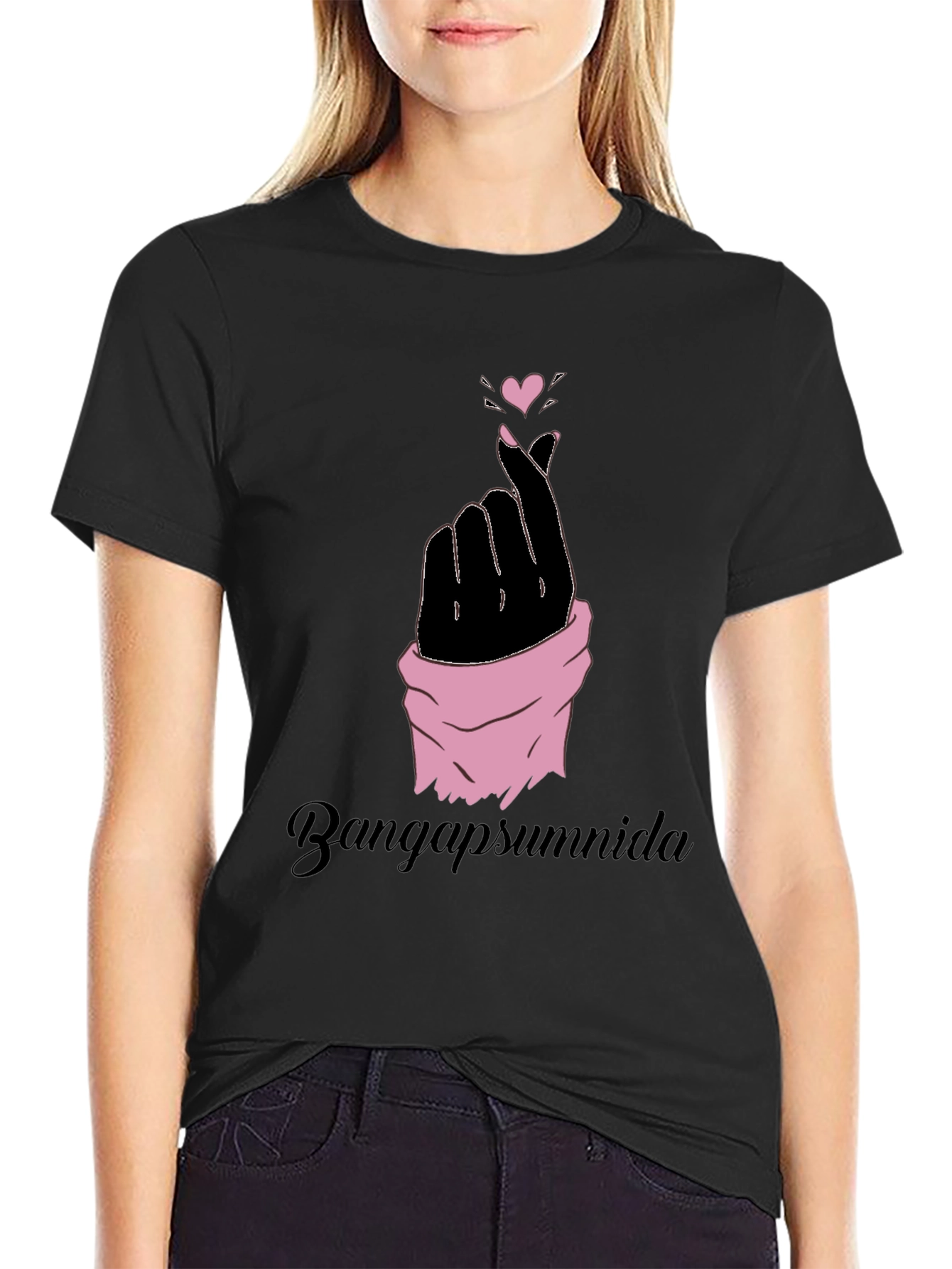 Finger Heart Gesture Graphic Tee - Black