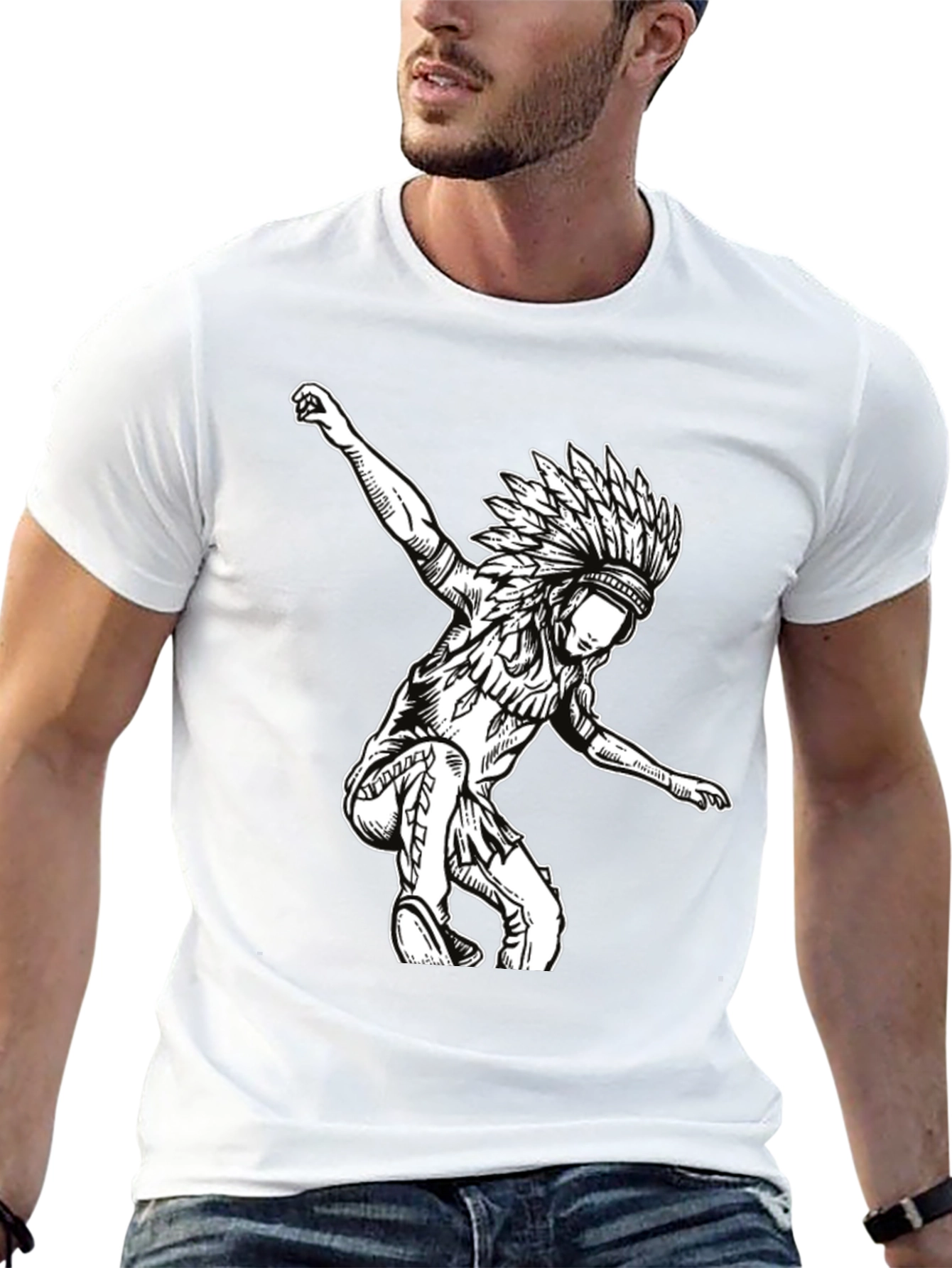 Black T-Shirt with Native American Headdress Design