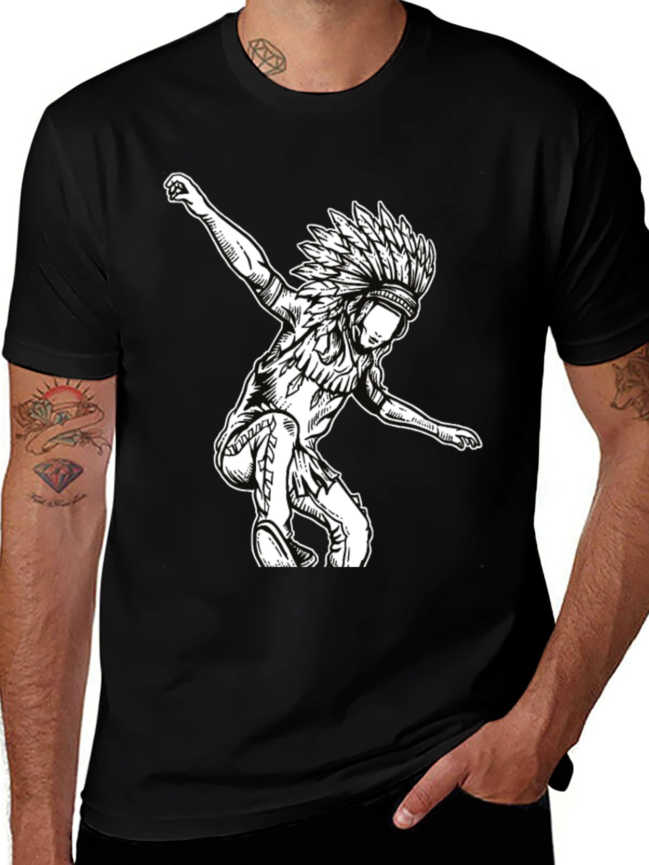Black T-Shirt with Native American Headdress Design