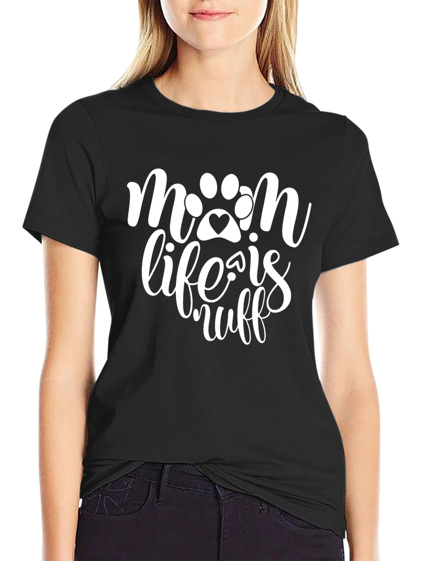 Paw Print Mom Life is Ruff Black T-Shirt