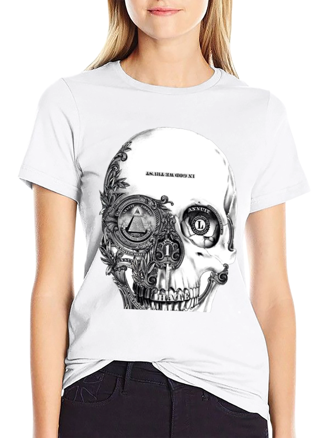 Skull & Money Graphic Print T-Shirt - Black