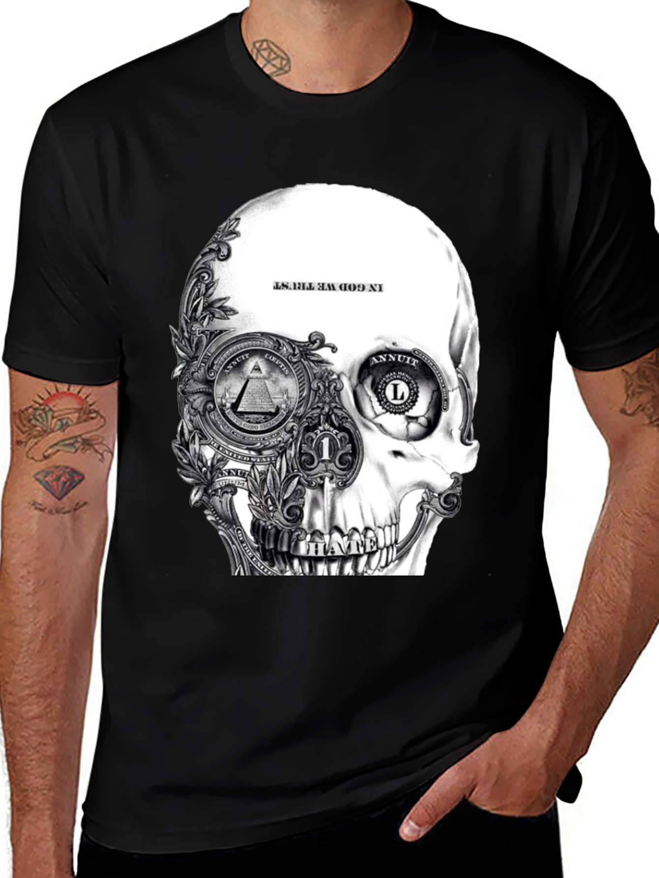 Skull & Money Graphic Print T-Shirt - Black